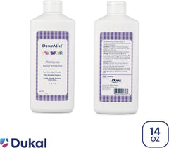 DawnMist talc-free cornstarch powder emphasizes safe, gentle absorption for delicate skin.