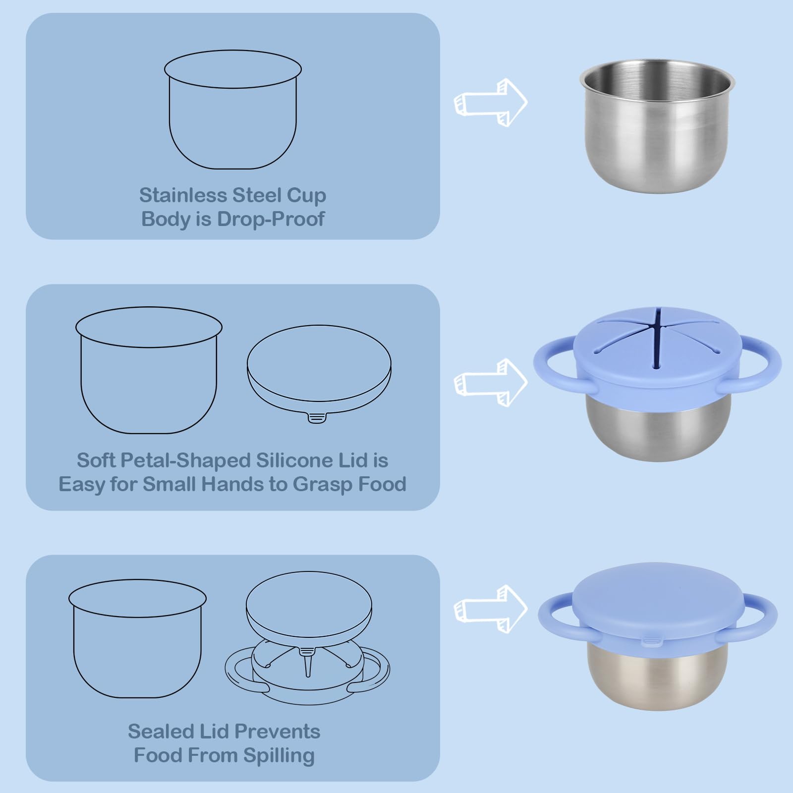 Daximo petal silicone lid provides a soft grip and seal for snacks.