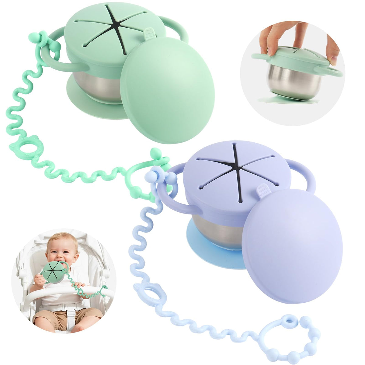 Daximo toddler snack cups with suction base prevent spills during car rides.