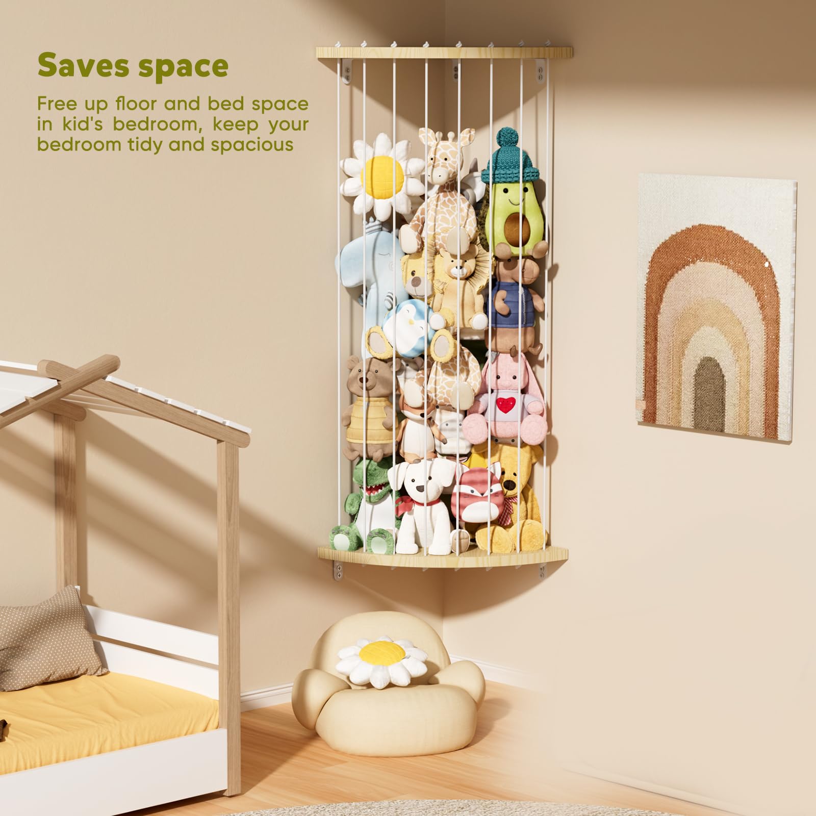 Dayacoco adjustable-height stuffed animal shelf with elastic ropes for growing plush collections.