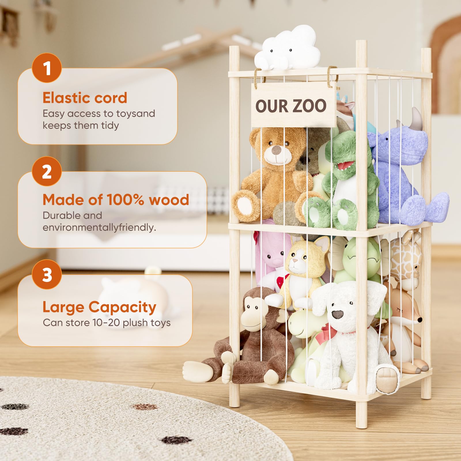 Dayacoco elastic band system secures plush toys for easy, space-saving access.