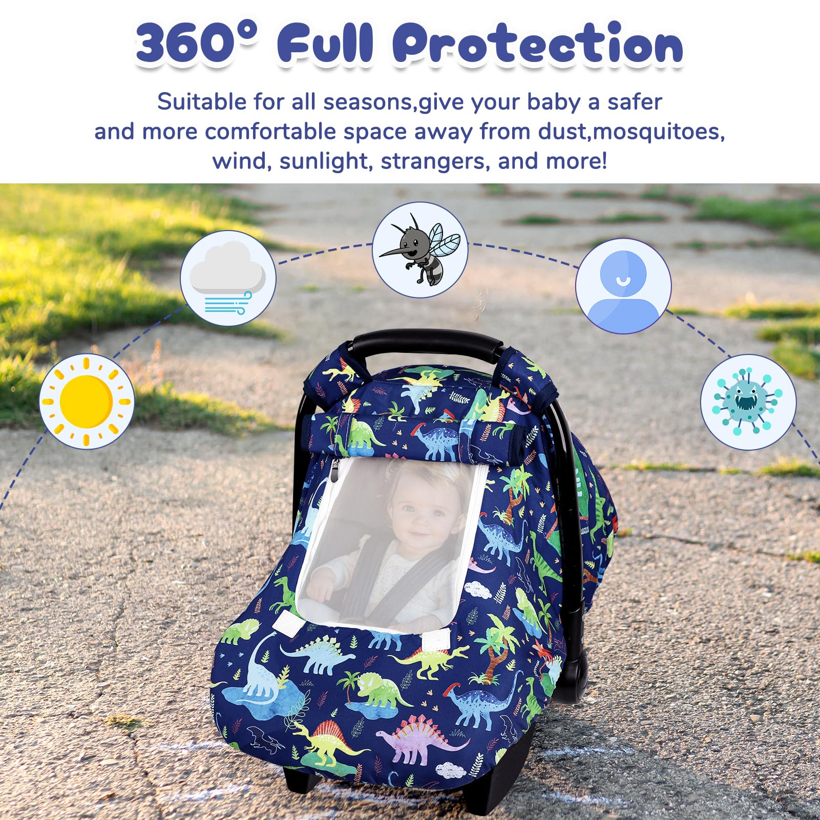 DAYEEBALL dinosaur car seat cover installs easily with elastic band and straps.