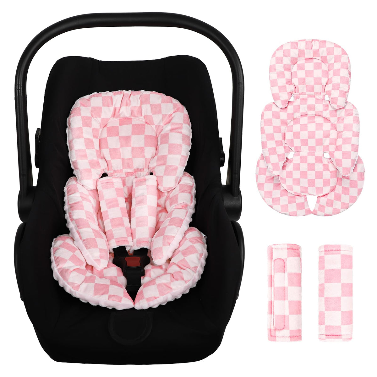 DayeeBall infant car seat insert in pink checkerboard front view provides full body support.