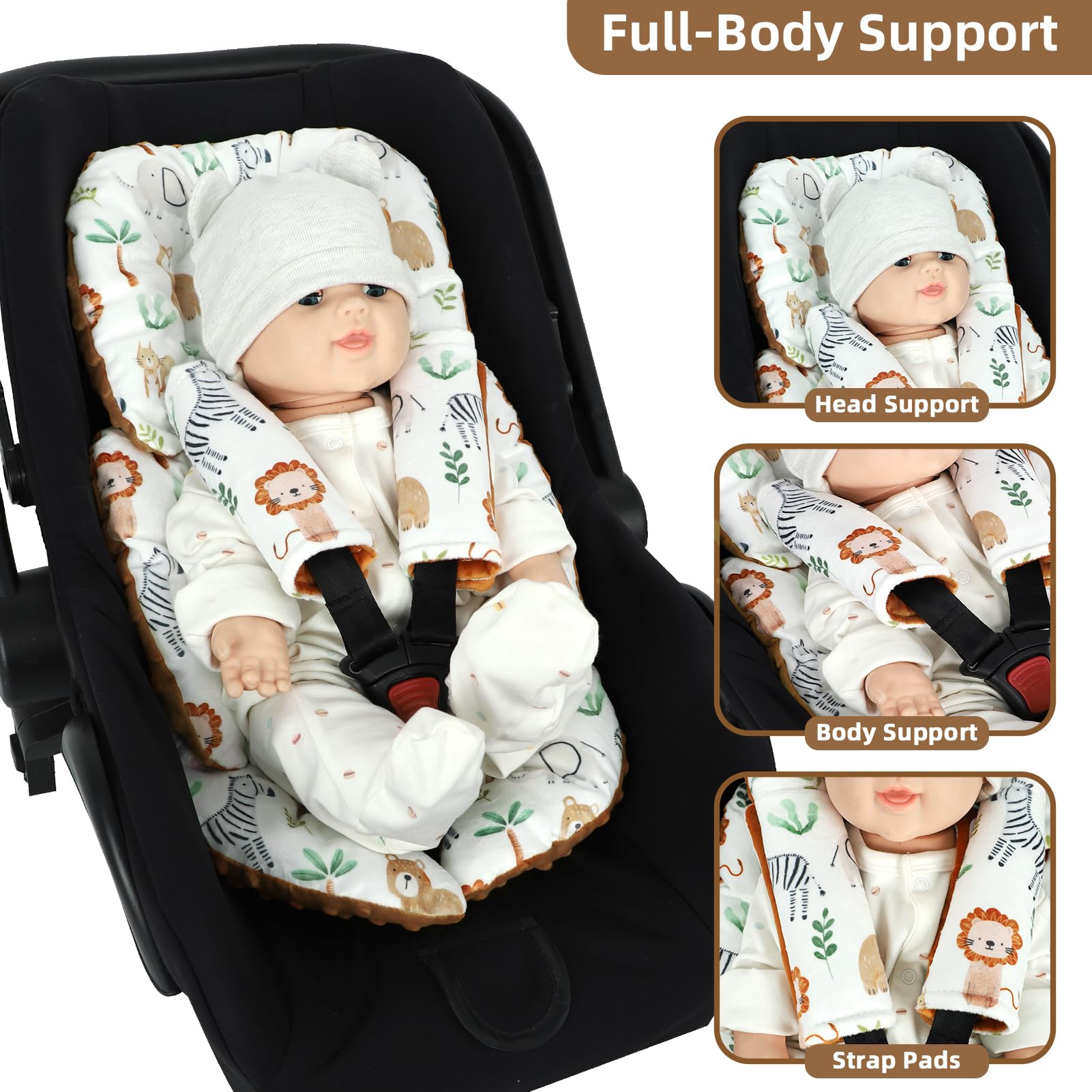 DAYEEBALL car seat insert with strap pads reduces friction for gentle travel