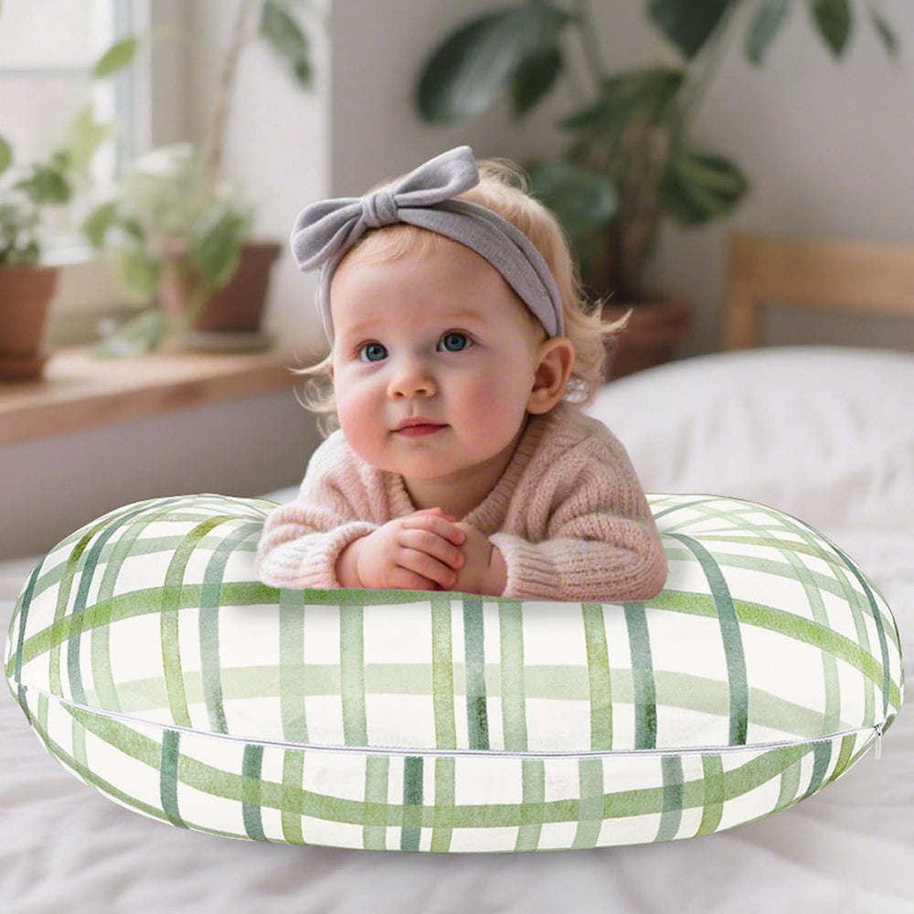 DAYEEBALL nursing pillow cover green grid back view highlights elastic fit for curved pillows