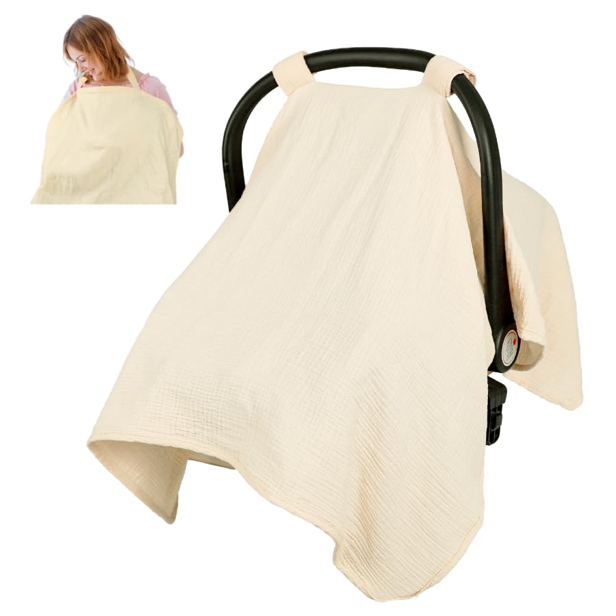 DAYEEBALL summer muslin car seat cover in beige offers breathable protection for baby.