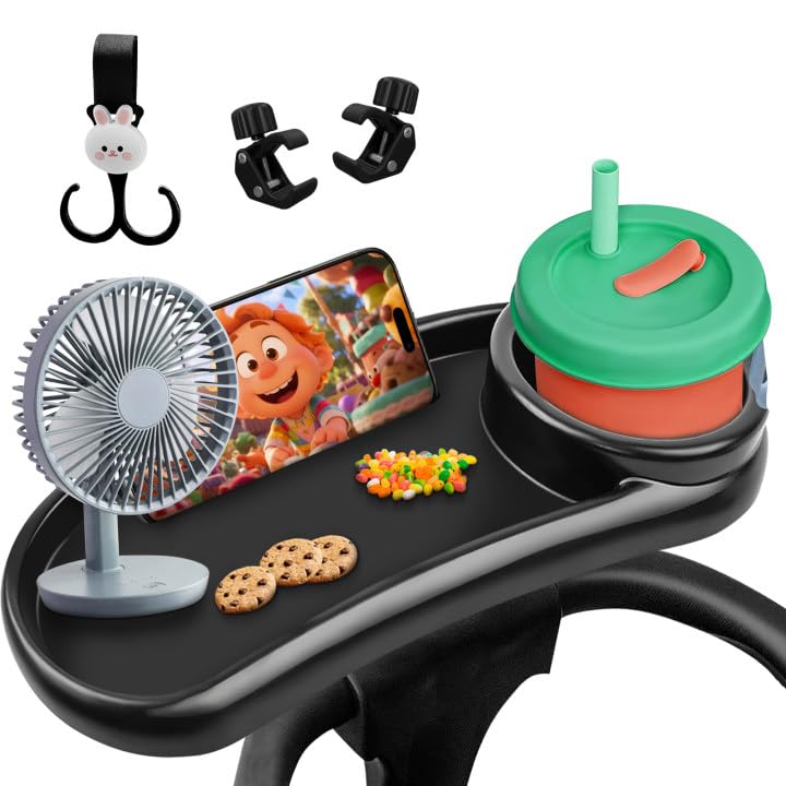 D BABE universal snack tray on a stroller for easy snacking.