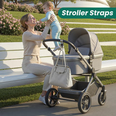 dcdcee mommy hooks in use on a diaper bag and purse