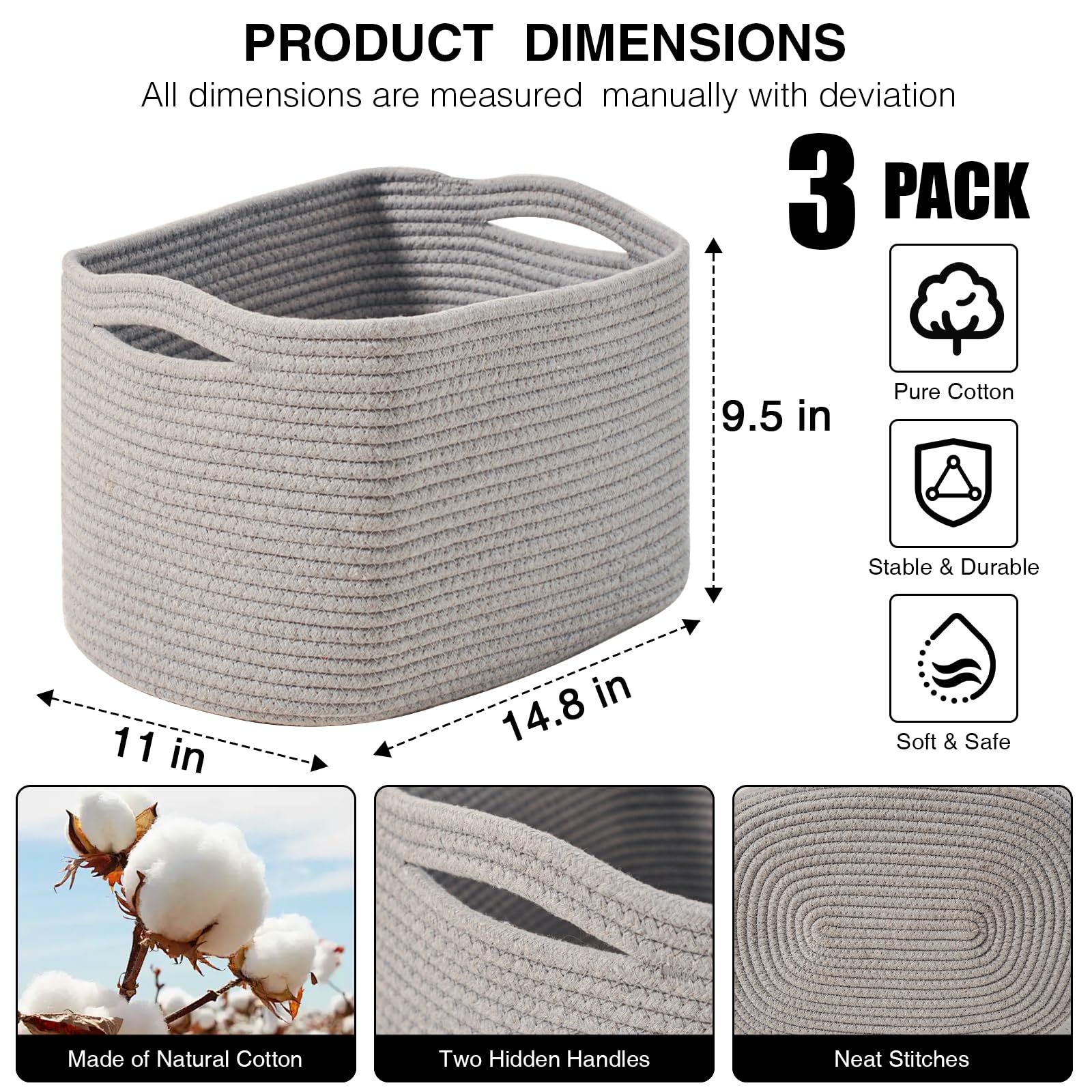 Dcerzxzci grey storage basket with two handles, easy transport.