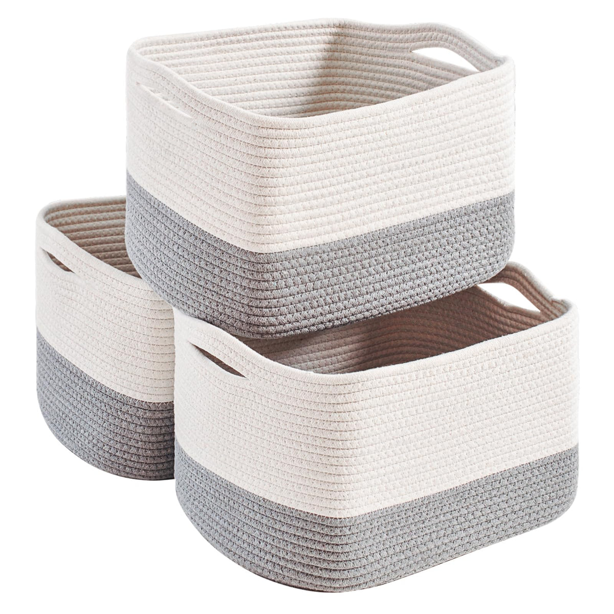 Dcerzxzci grey storage basket with woven cotton rope for organized shelves and decluttering.