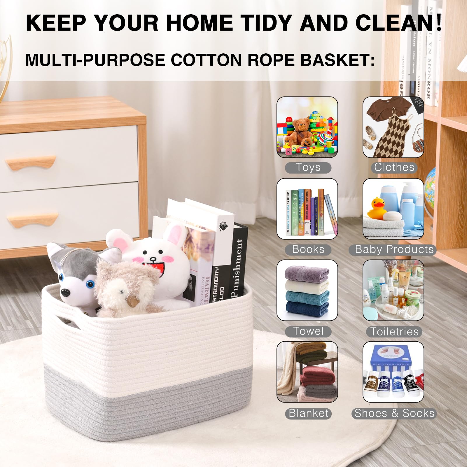Dcerzxzci kids room storage basket in off-white and grey blends with decor.