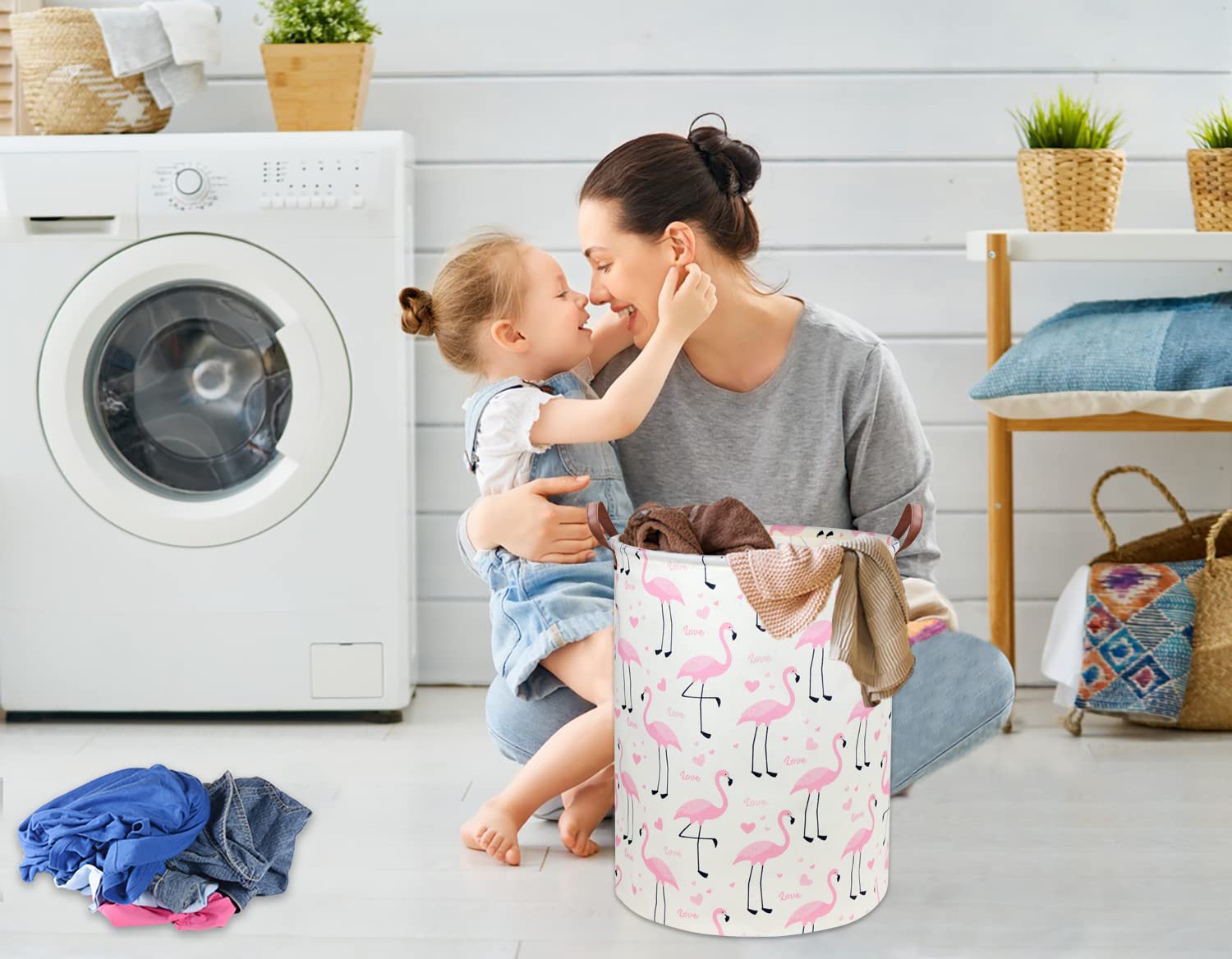 DDBASKET Flamingo Pink laundry hamper in bathroom for towels and essentials