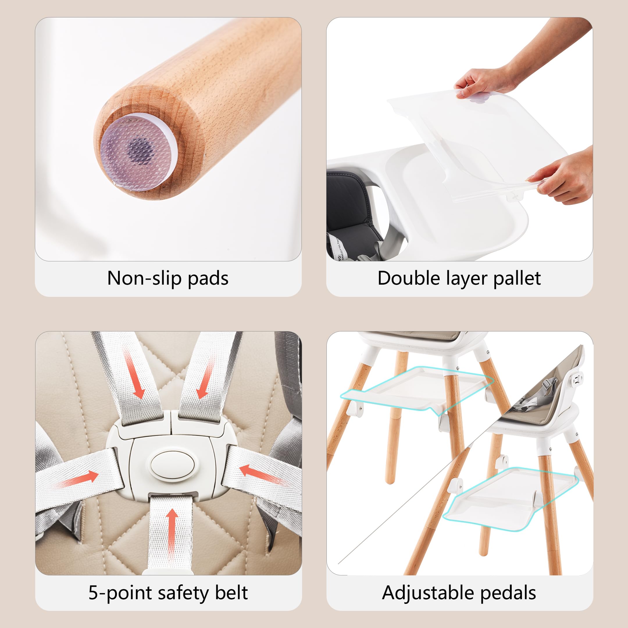 DDIOYIUR high chair easy-clean PU cushion and removable tray simplify cleaning