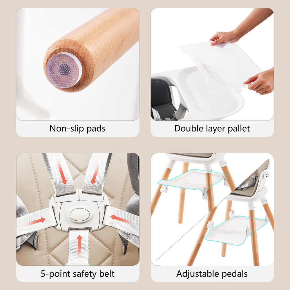 DDIOYIUR high chair easy-clean PU cushion and removable tray simplify cleaning
