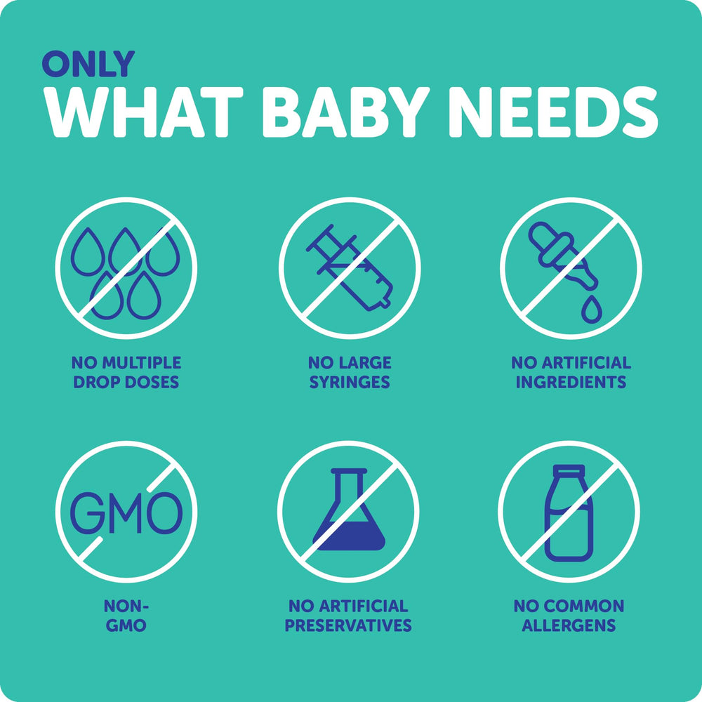 Ddrops Baby Probiotic allergen-free badge signals safe, sugar-free drops.