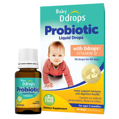 Ddrops Baby Probiotic bottle drops illustrate a gentle daily routine for newborn digestion.
