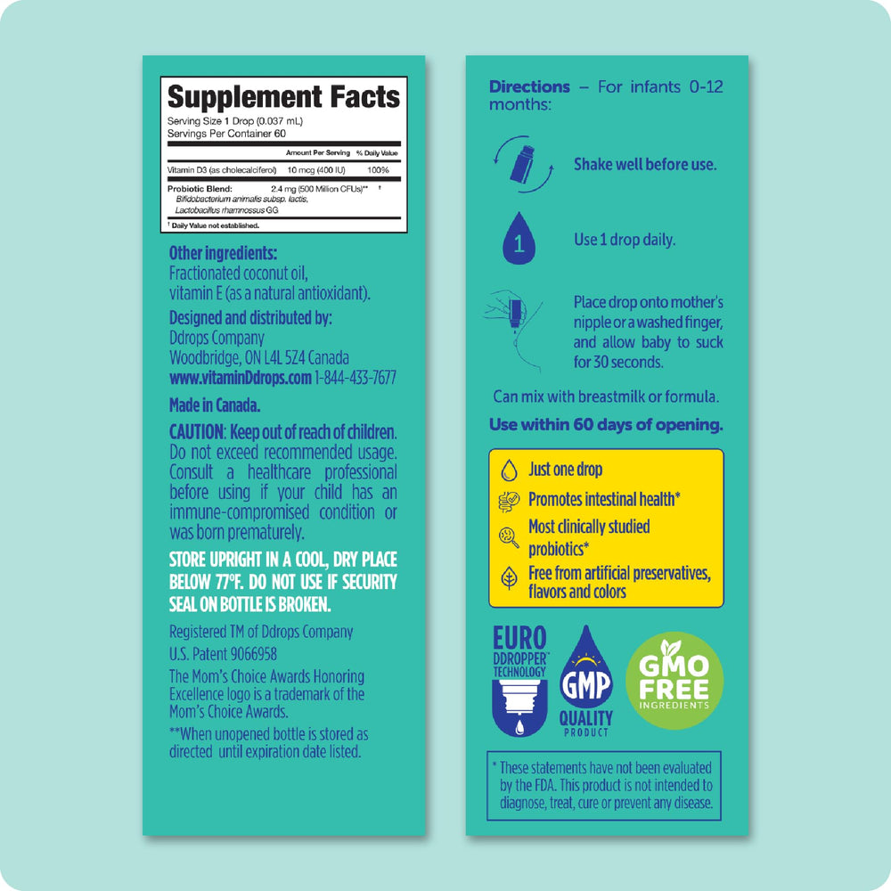 Ddrops Baby Probiotic bottle label highlights ingredients and safety features.