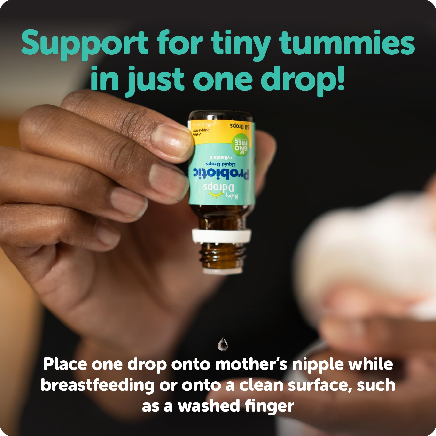 Ddrops Baby Probiotic closeup drops focus on the probiotic solution for babies.
