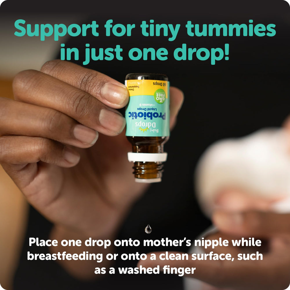 Ddrops Baby Probiotic closeup drops focus on the probiotic solution for babies.