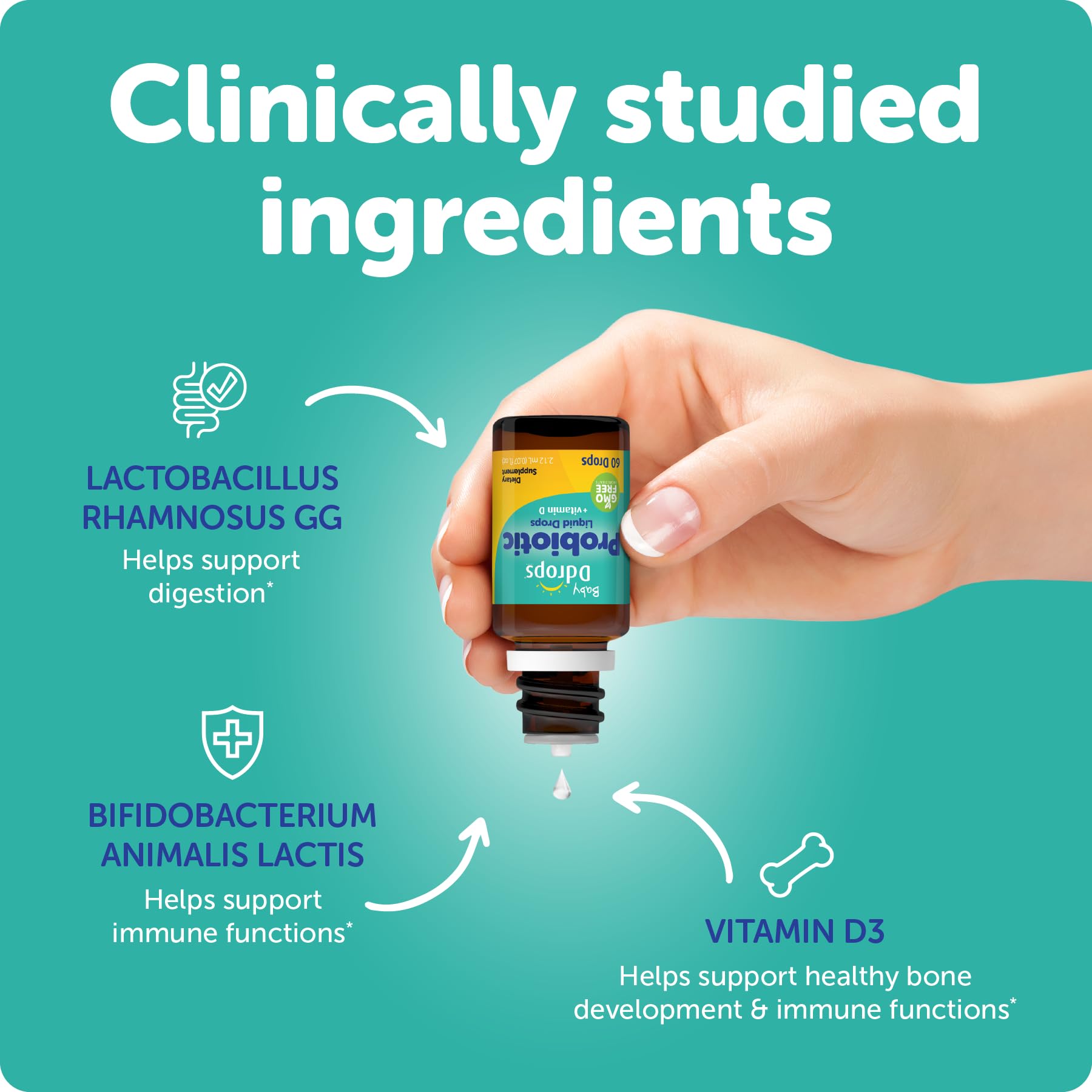 Ddrops Baby Probiotic vitamin D pairing underscores combined support for healthy development.