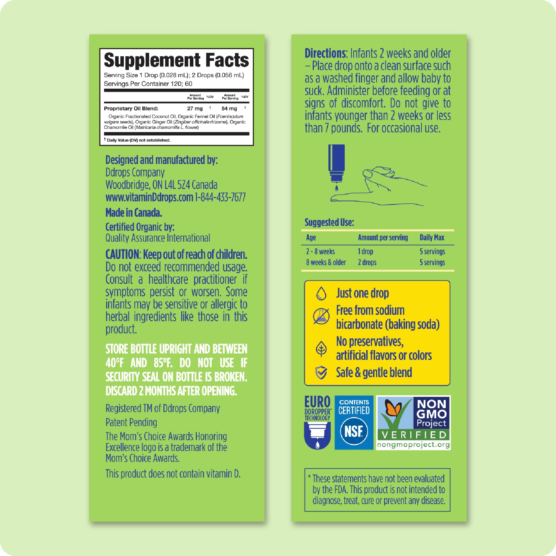 Ddrops Baby Tummy Relief for newborns highlights safe, low-volume dosing without syringes.
