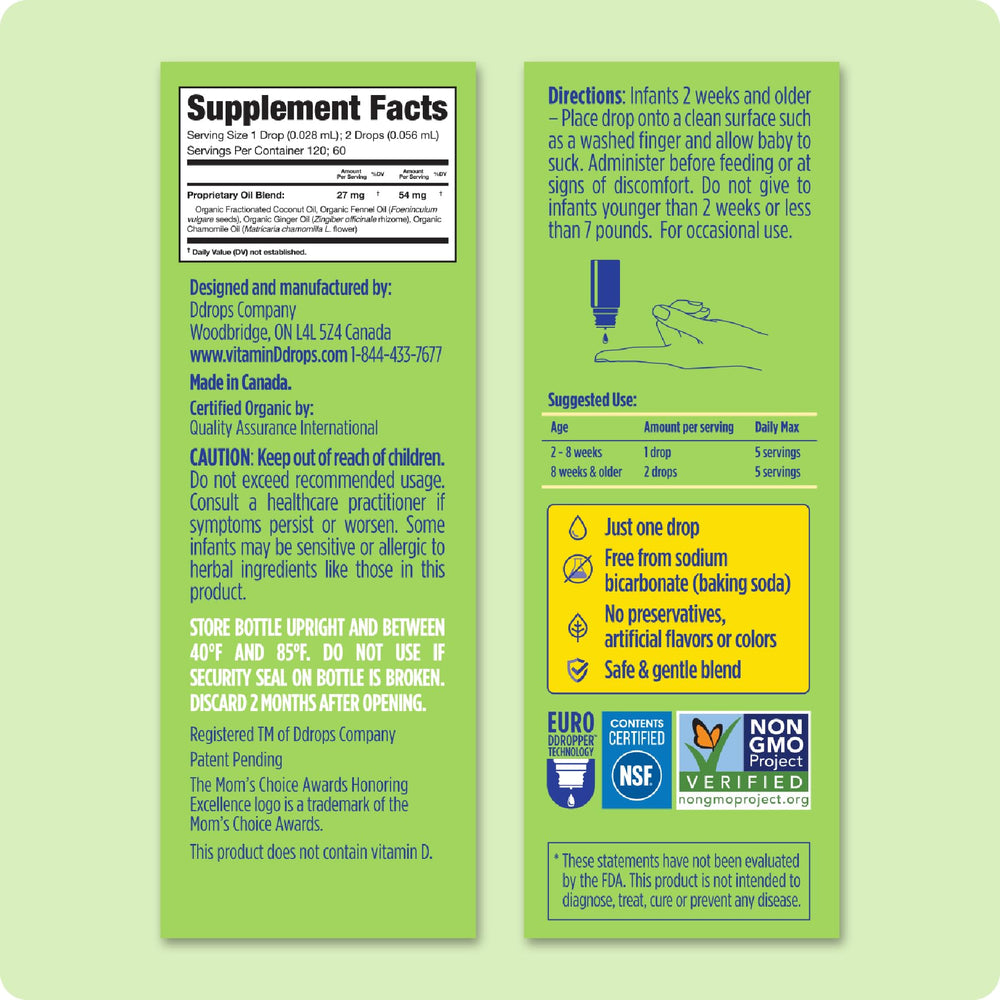 Ddrops Baby Tummy Relief for newborns highlights safe, low-volume dosing without syringes.