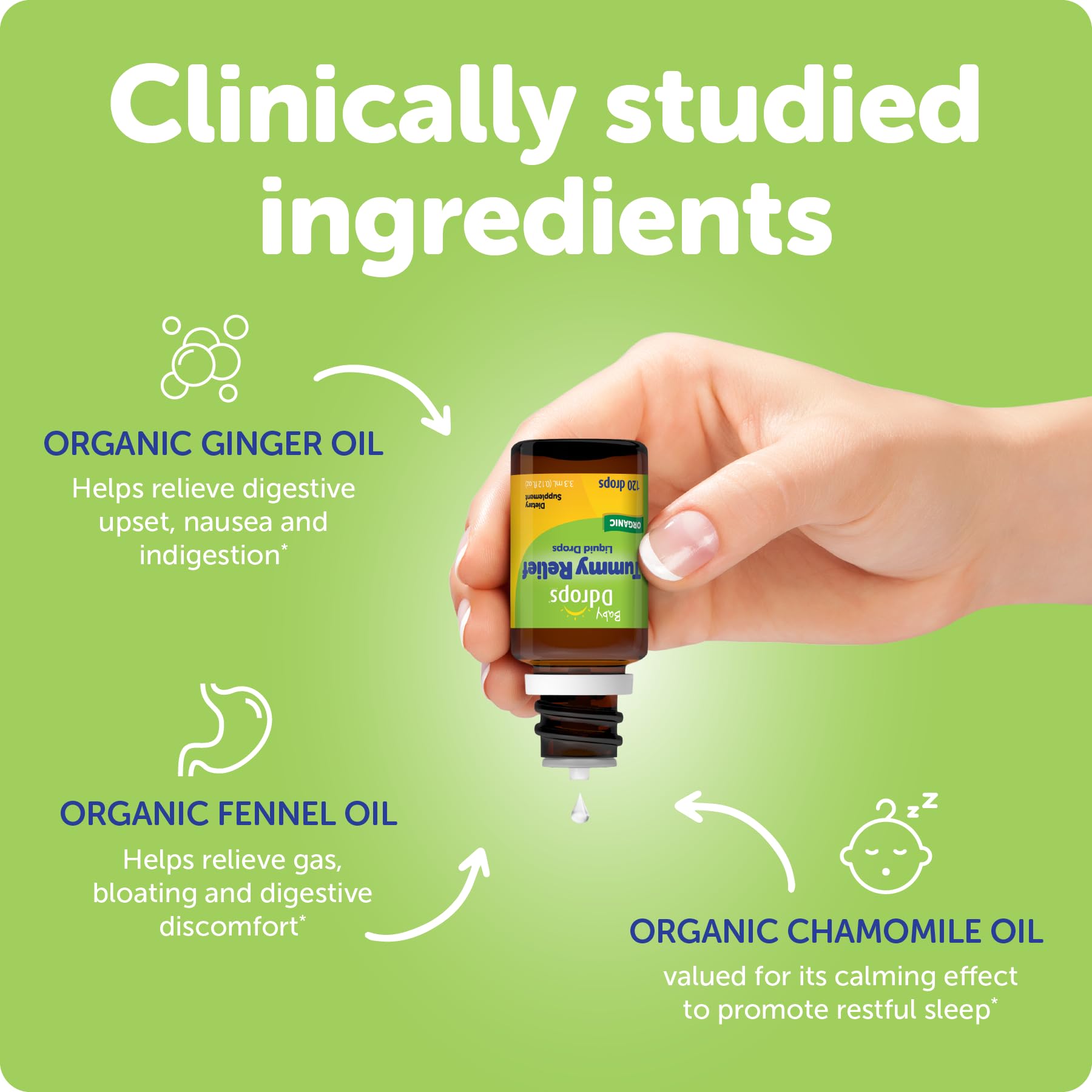 Ddrops Organic Chamomile Oil visual highlights calming herb presence.