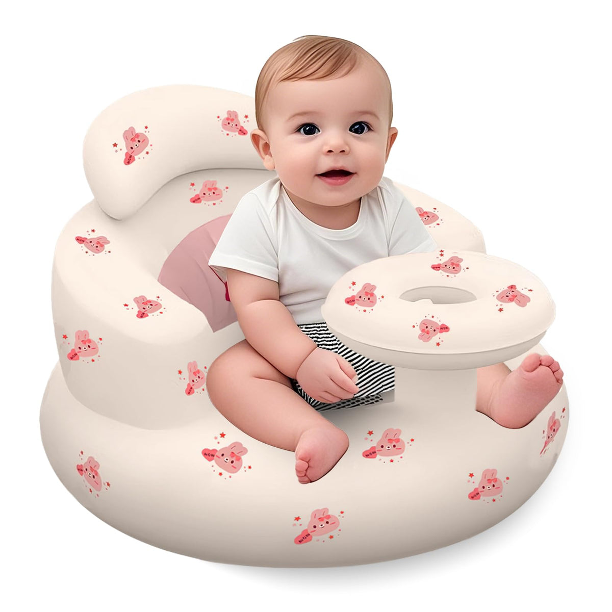 DDTPDE inflatable baby seat with tray front view showing ergonomic sit-up support