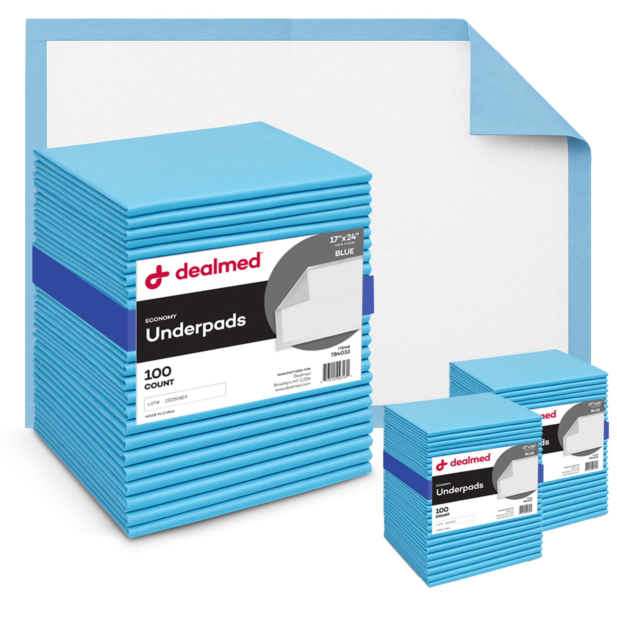 Dealmed blue underpads 24x17 protect surfaces from spills and accidents.