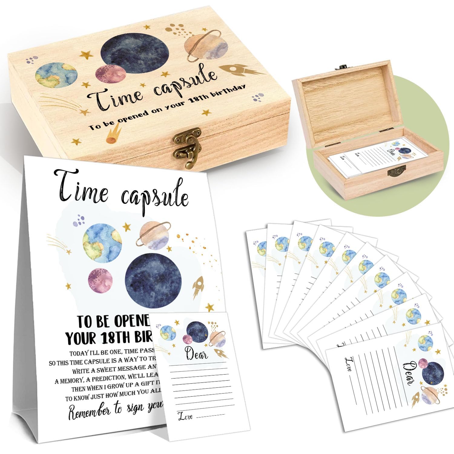 DEANHOT Planet Memory Time Capsule box, a durable wooden keepsake for storing heartfelt messages