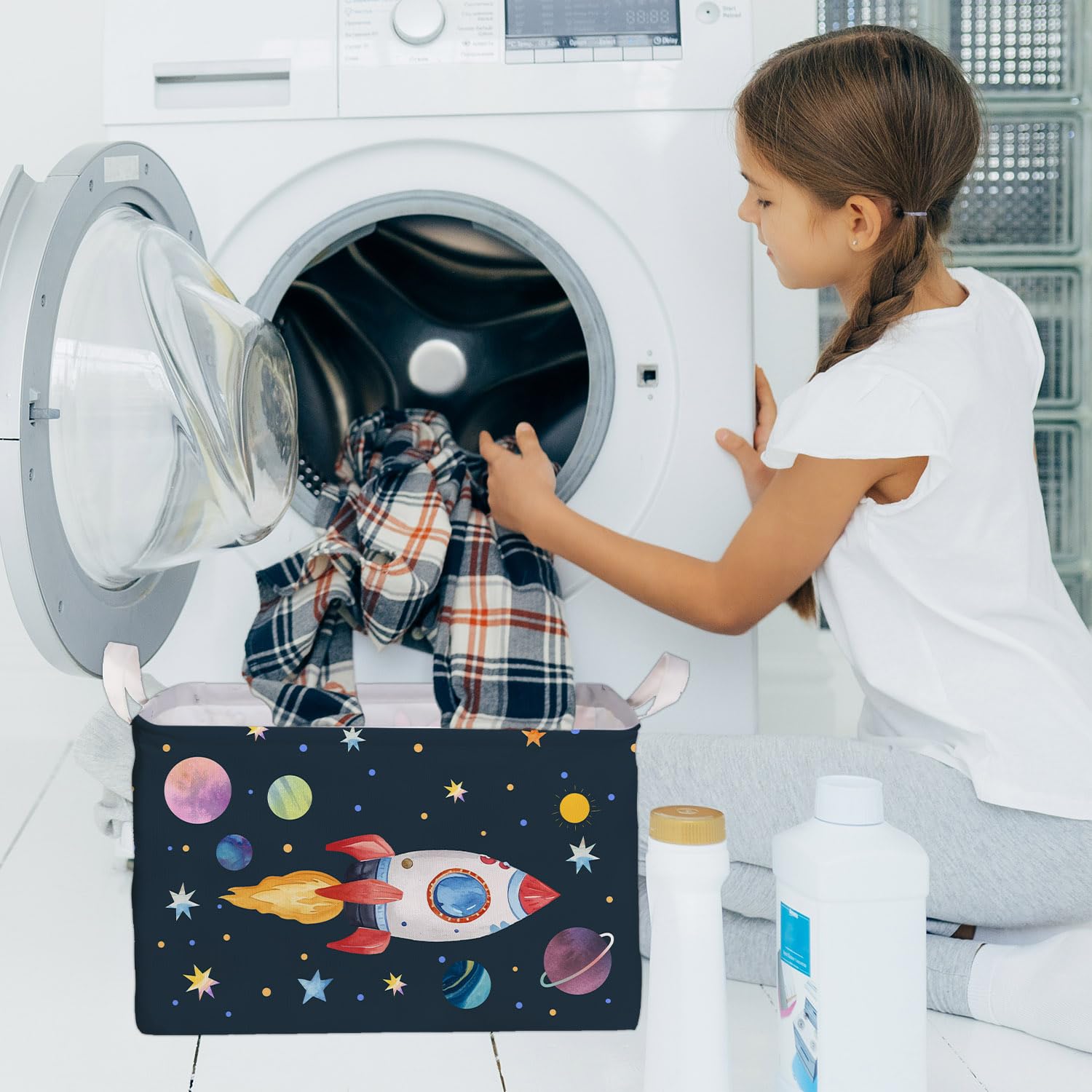 DEANHOT Space-themed decor and storage for kids' rooms.