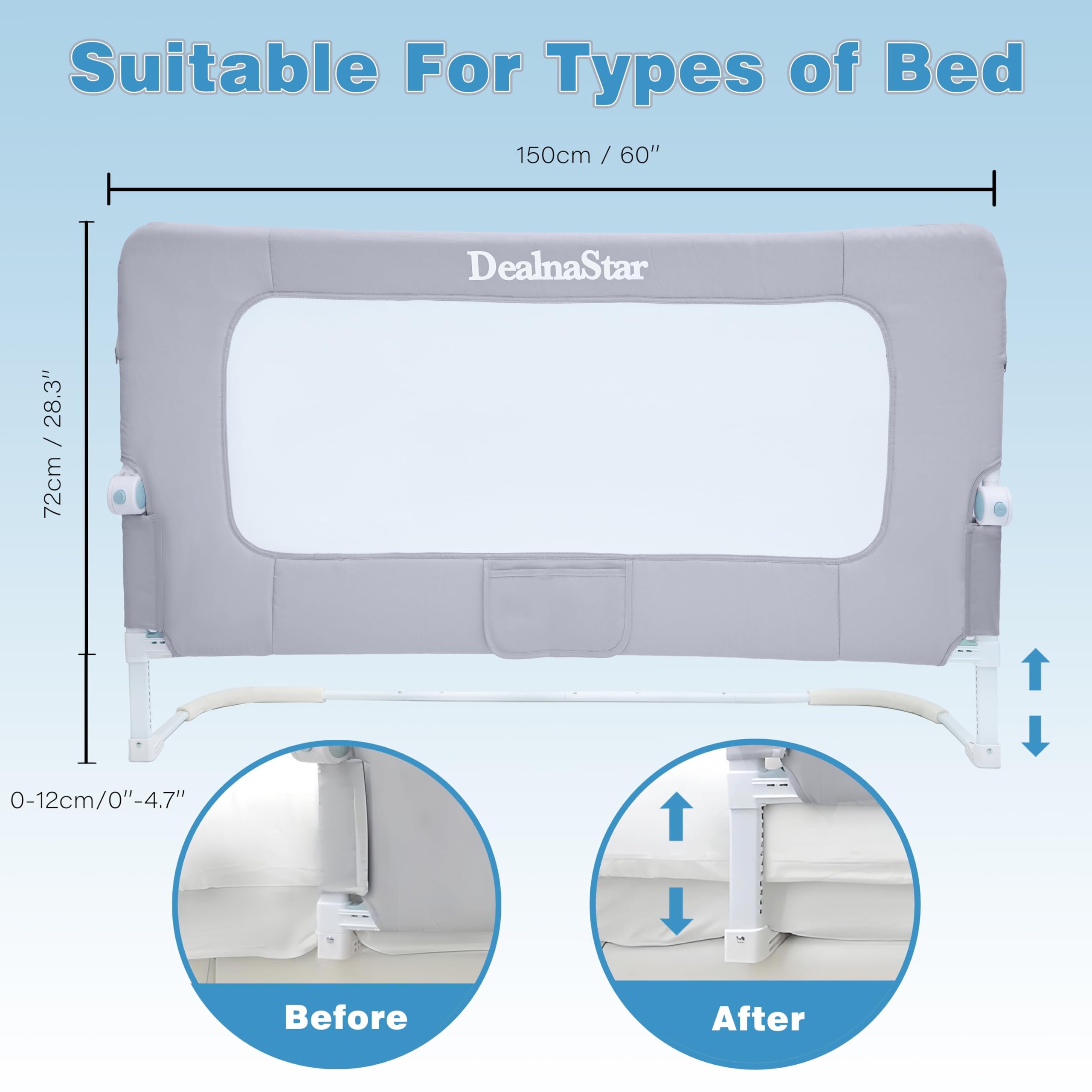 DEALNASTAR toddler guard with height adjustment for secure twin bed sleep