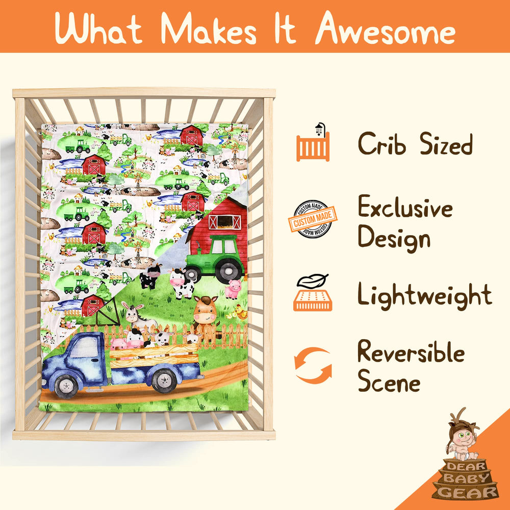 Dear Baby Gear barn-animals-green-tractor blanket neatly folded for stroller adventures