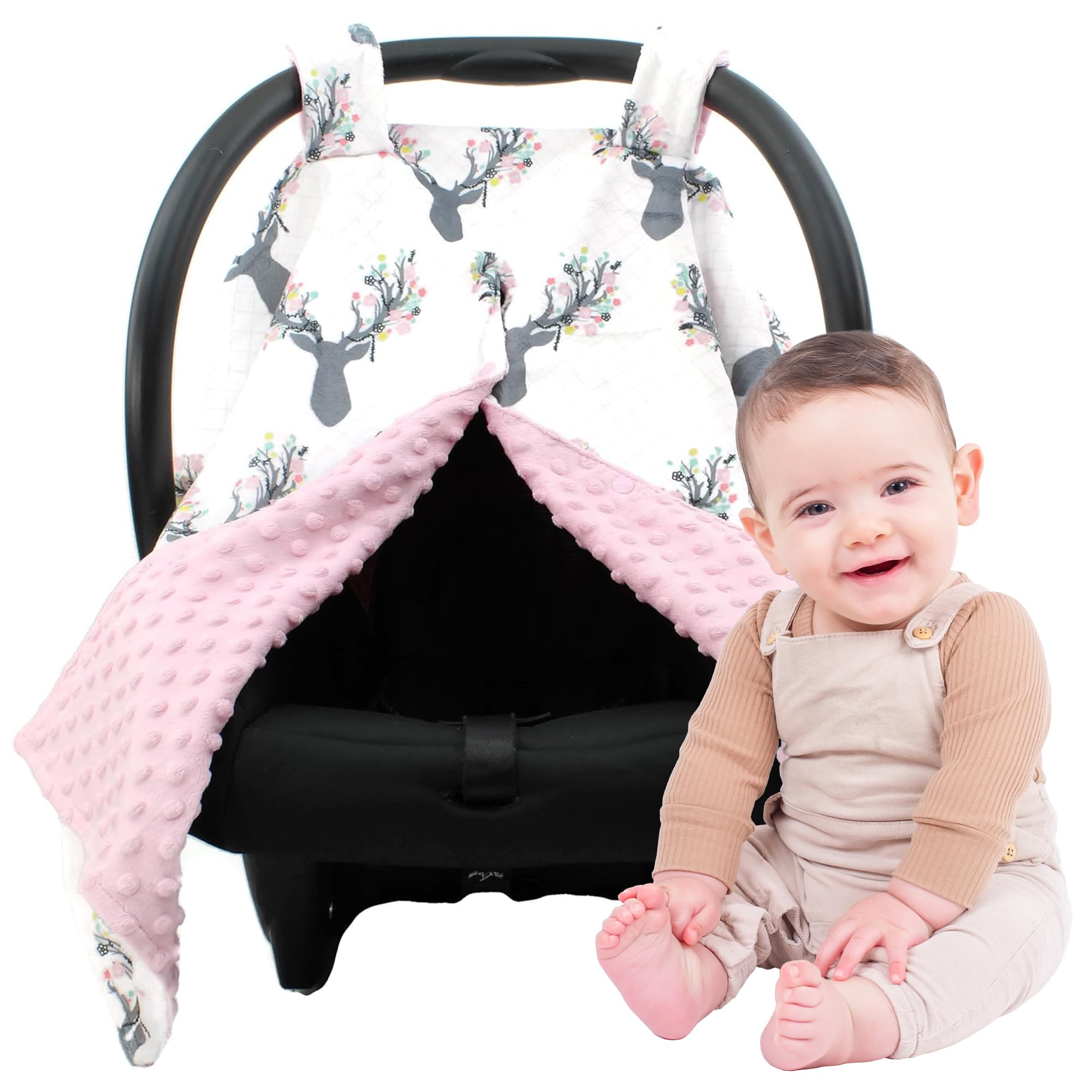Dear Baby Gear car seat canopy with antler and pink dot pattern protects from sun while breathable
