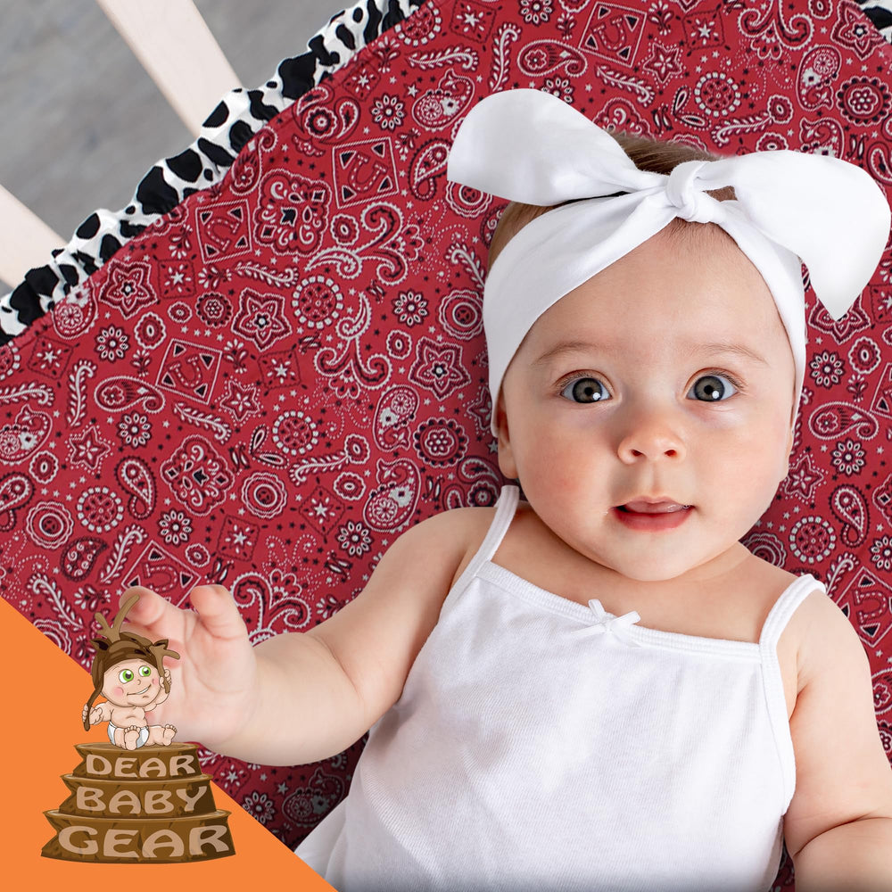 Dear Baby Gear Farm Deluxe cow print with black dot ruffle adds playful style.