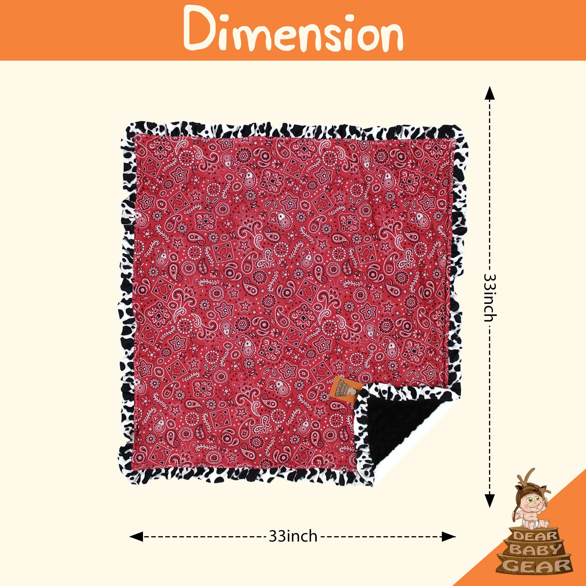 Dear Baby Gear Farm Deluxe red handkerchief pattern with black dot ruffle for nursery decor.
