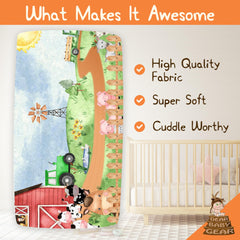 Dear Baby Gear farm life print crib sheet with blue truck for nursery decor.