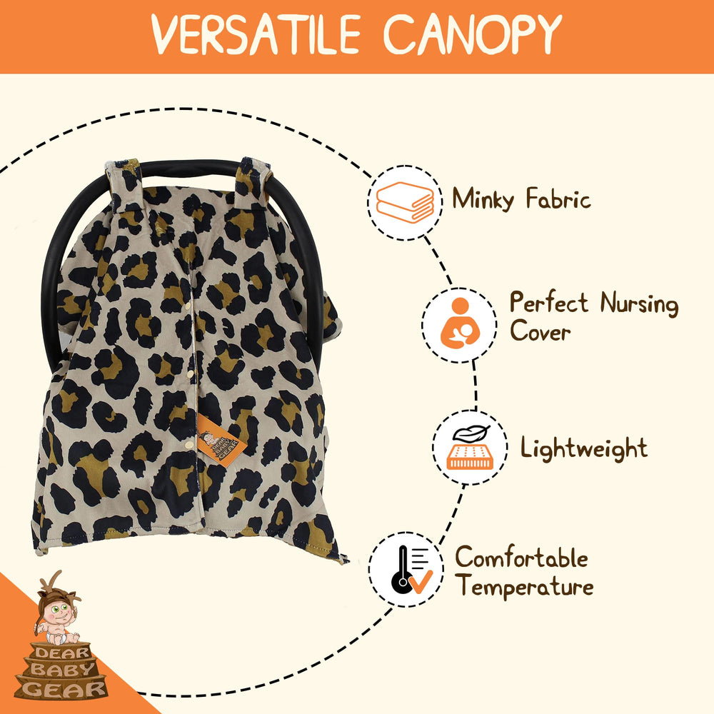 Dear Baby Gear gold leopard car seat cover back view showing durable fabric