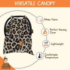 Dear Baby Gear gold leopard car seat cover back view showing durable fabric