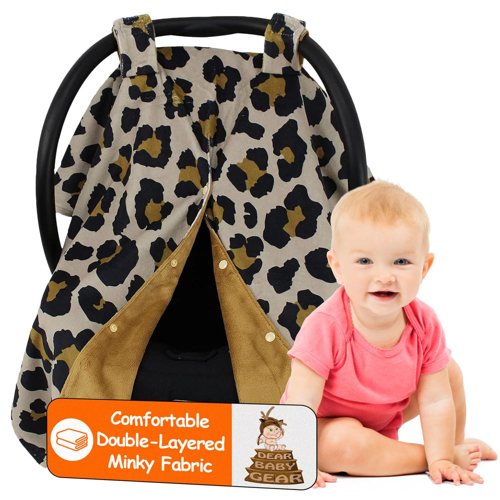 Dear Baby Gear gold leopard car seat cover front view shielding sun and wind