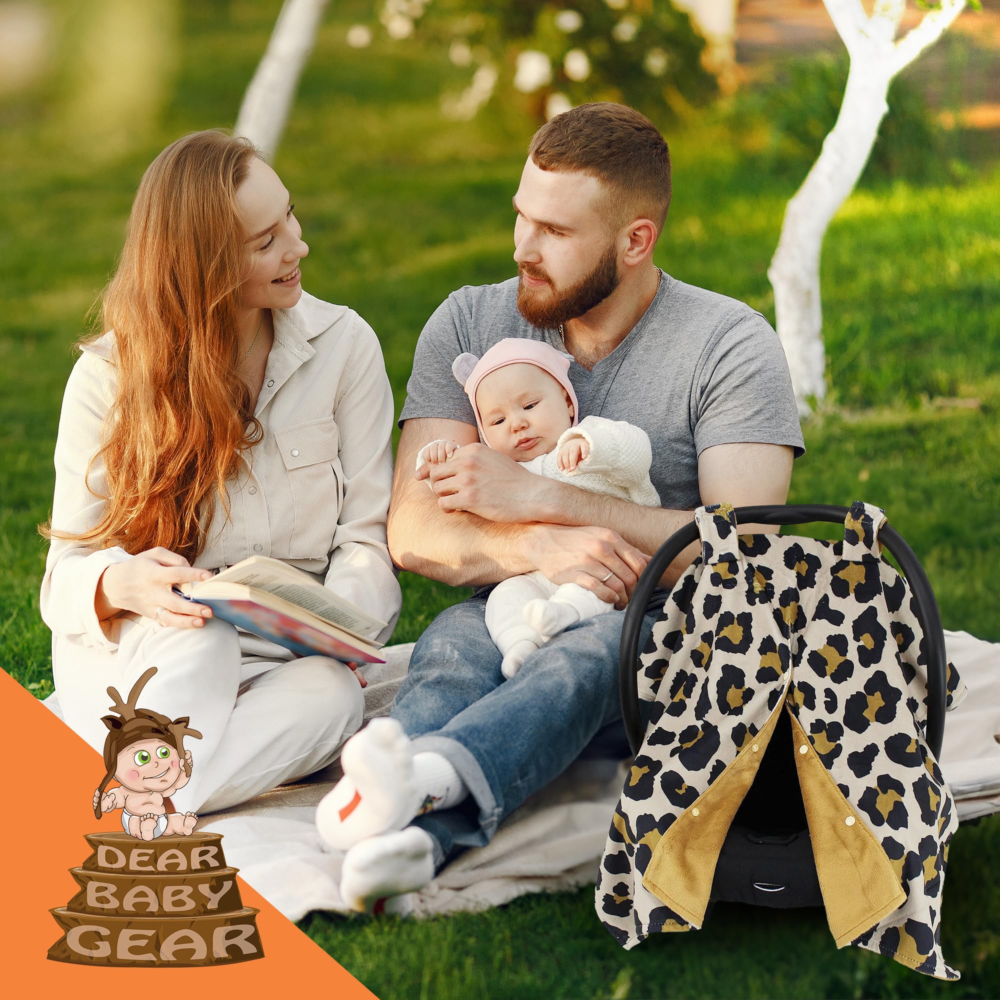 Dear Baby Gear gold leopard car seat cover nursing mode for hands-free feeding