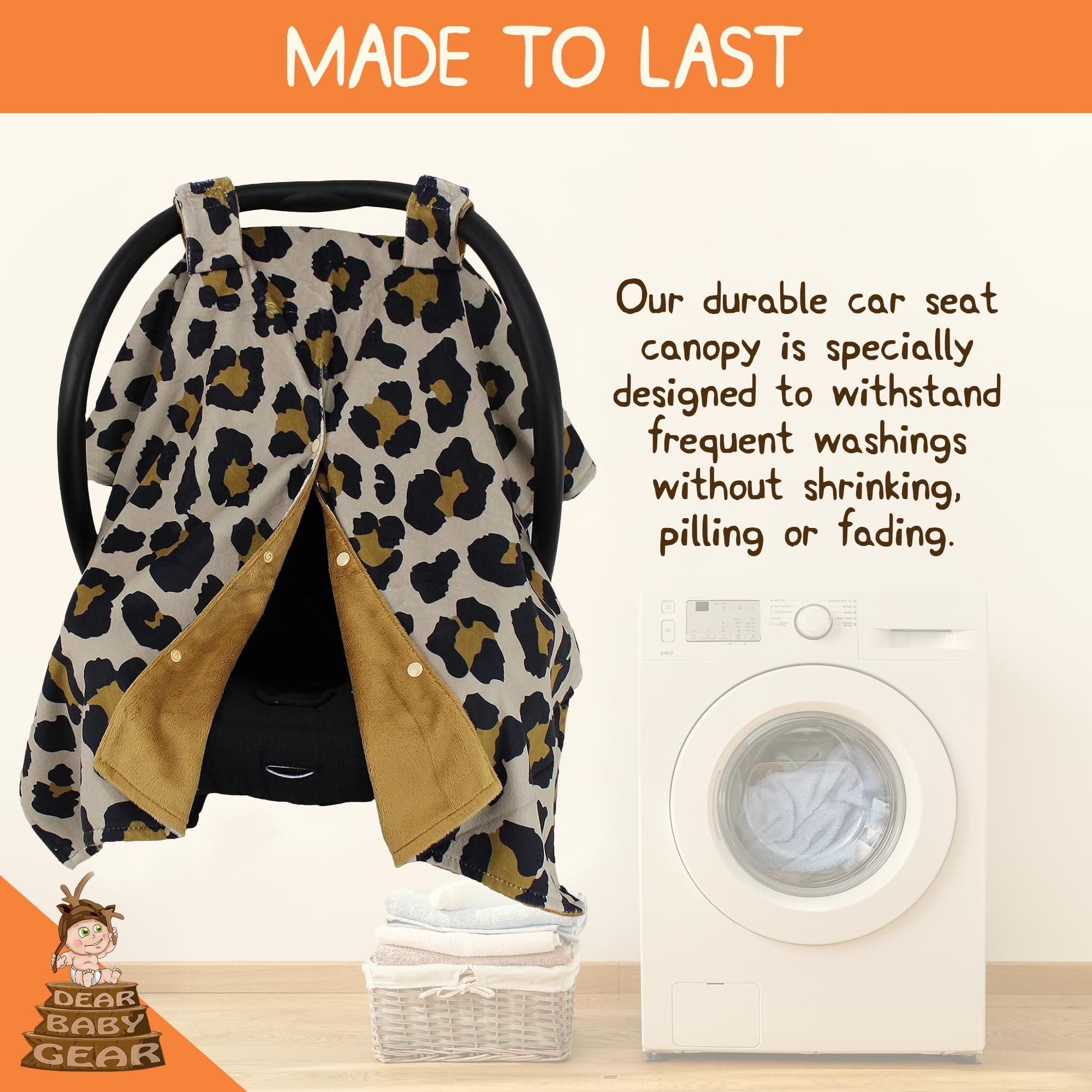 Dear Baby Gear gold leopard car seat cover side view attaching easily to infant seats