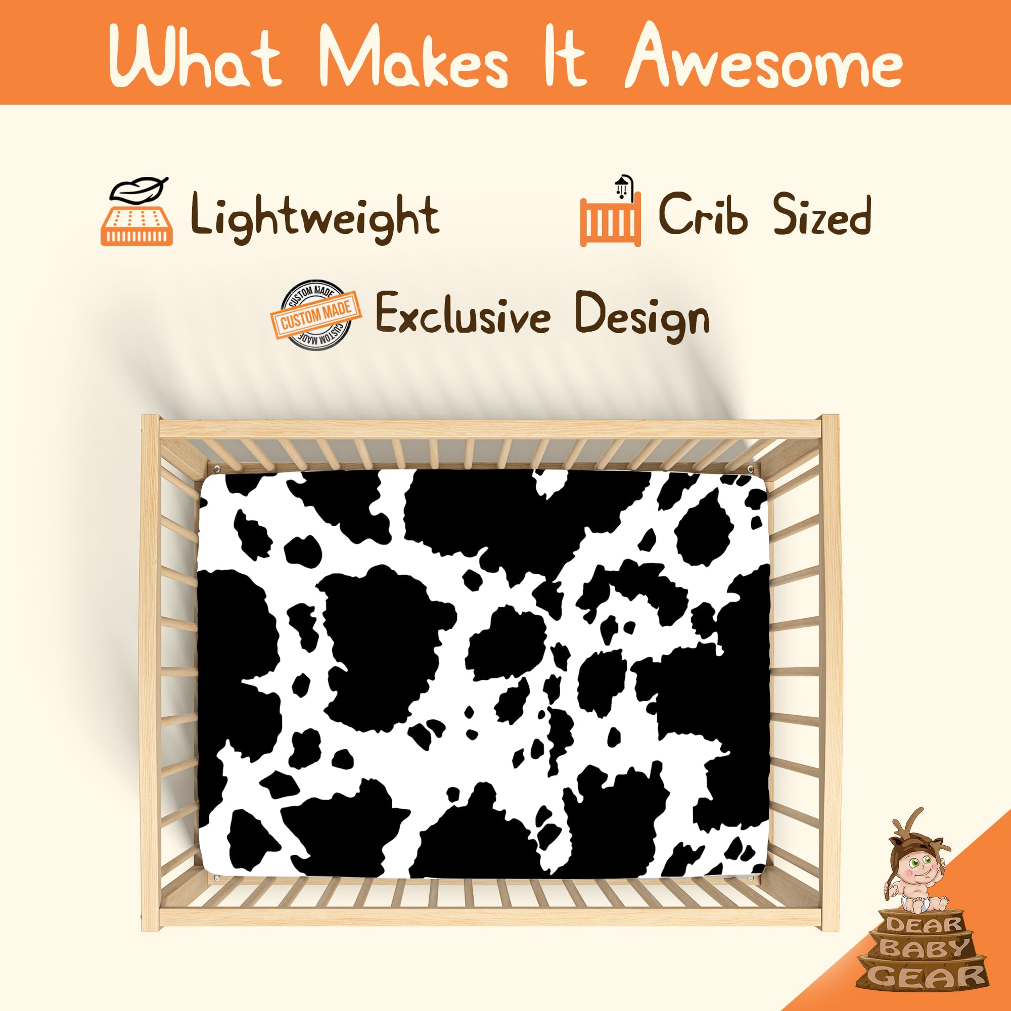 Dear Baby Gear Holstein Cow crib sheet pattern complements nursery decor beautifully.