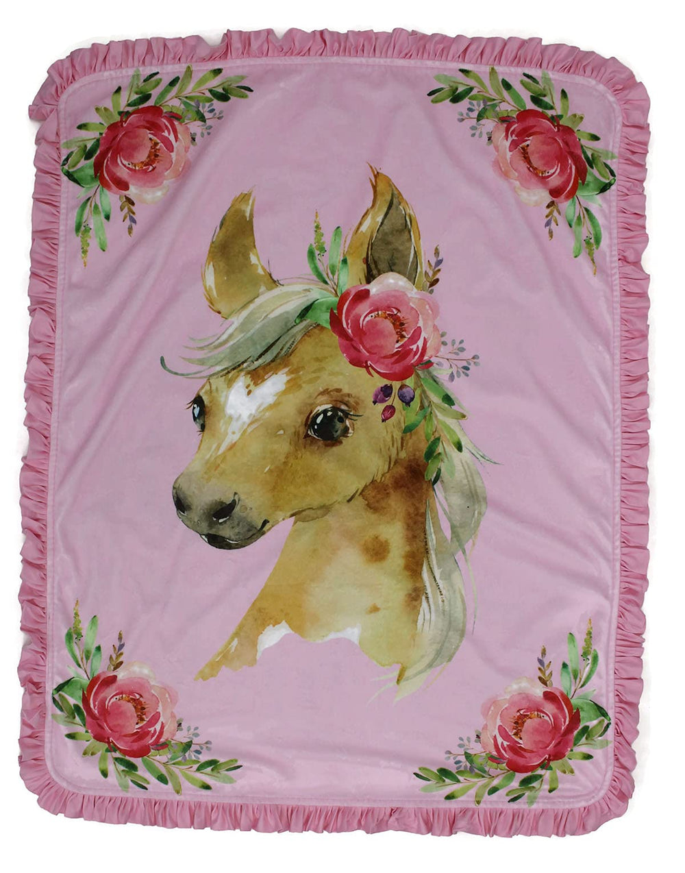 Dear Baby Gear horse with roses pink print baby blanket for cozy crib snuggling
