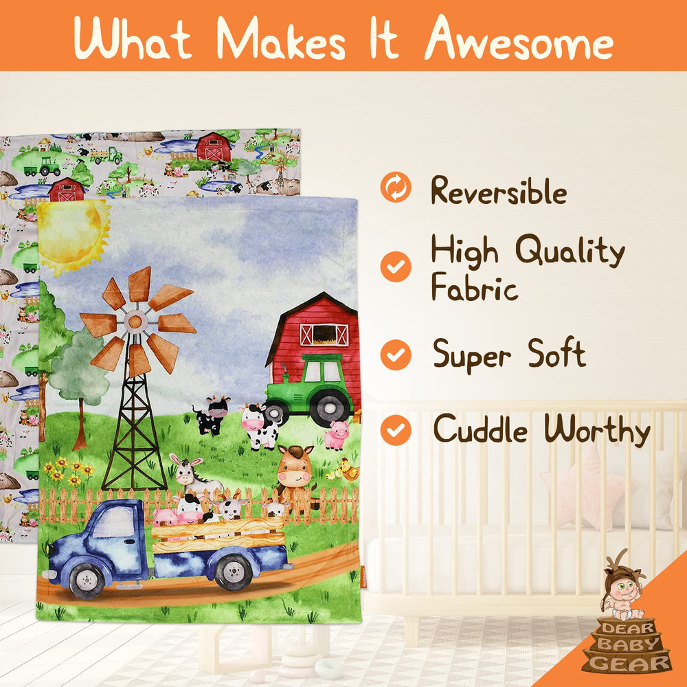 Dear Baby Gear reversible blanket side-a green-tractor for crib time