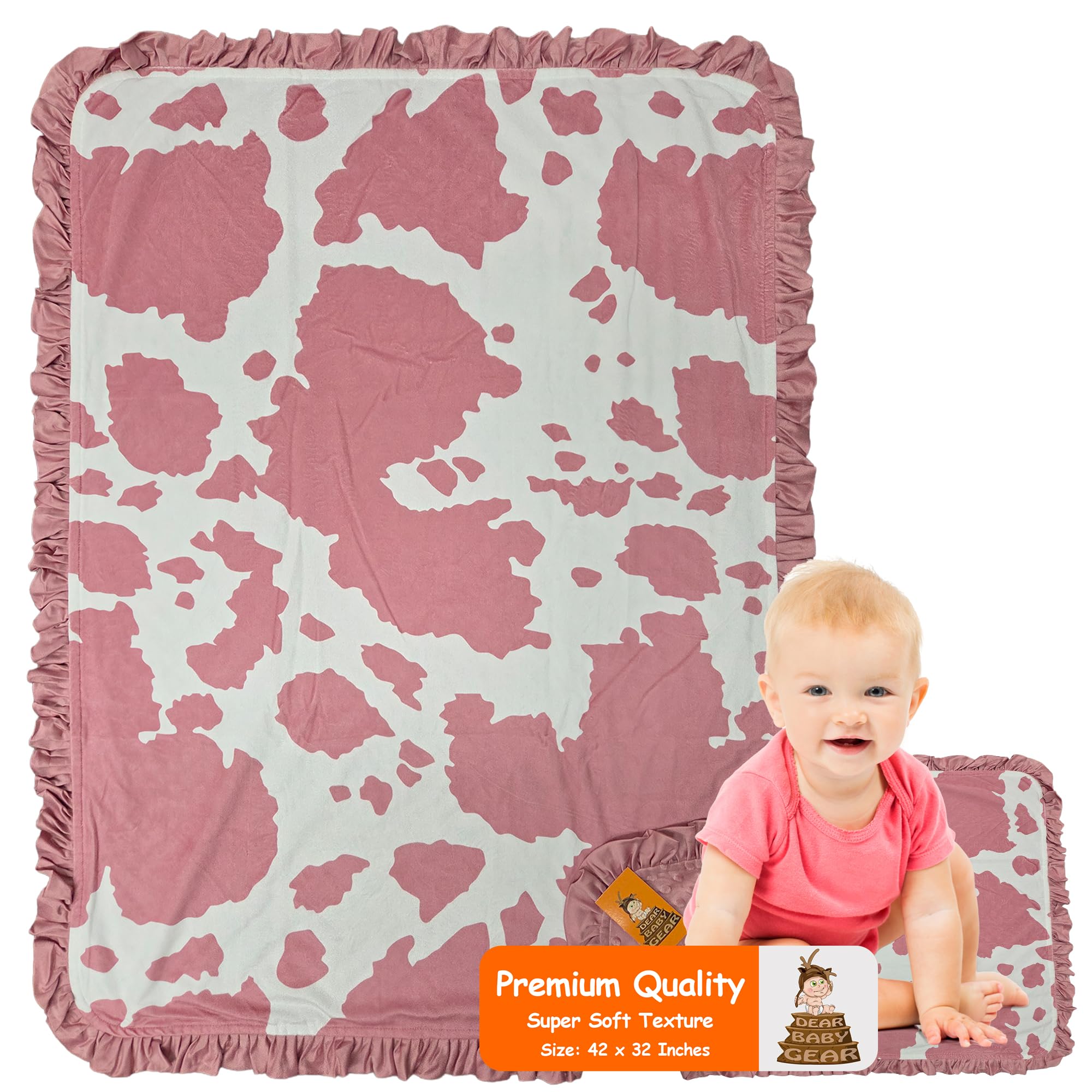 Dear Baby Gear Rose Pink Holstein Ruffle blanket, cozy crib and stroller essential.