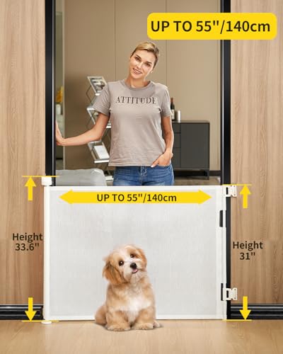 DEAR LOV retractable gate extended to 55 inches for wide openings and flexible setup.
