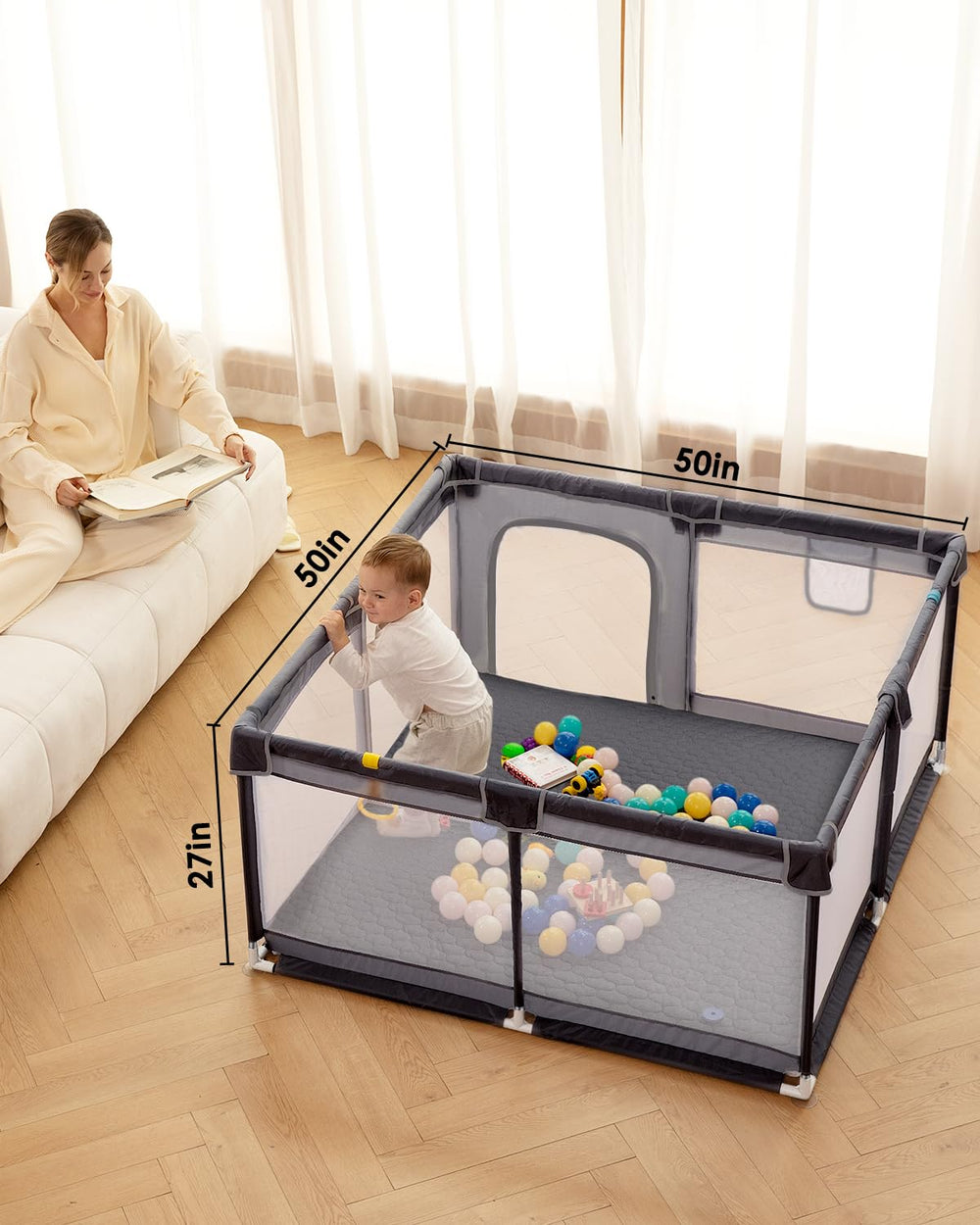 DEAR LOV playpen gray anti-slip cups keep edges stable during play.