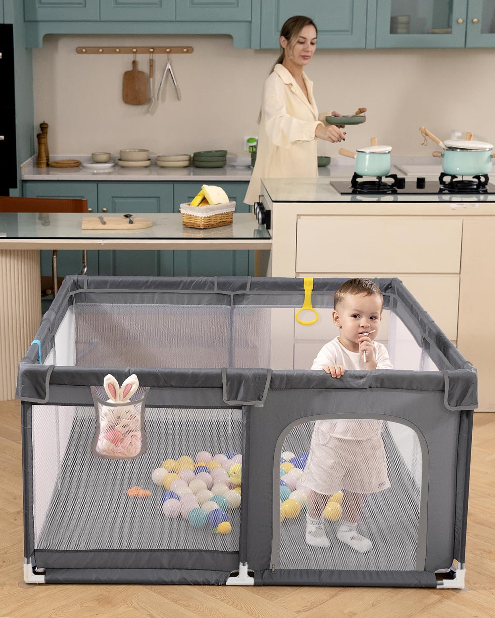 DEAR LOV playpen gray indoor outdoor use demonstrates versatile play yard.