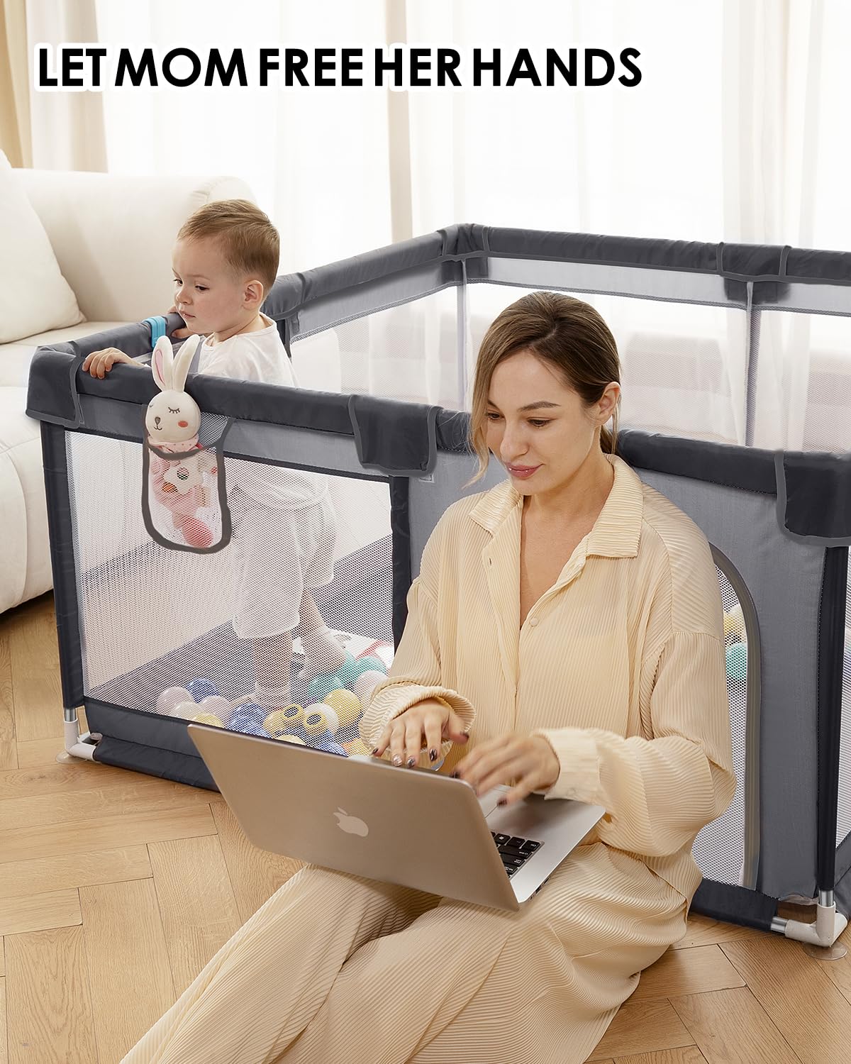 DEAR LOV baby playpen gray mat detail shows cushioned surface for soft landings.